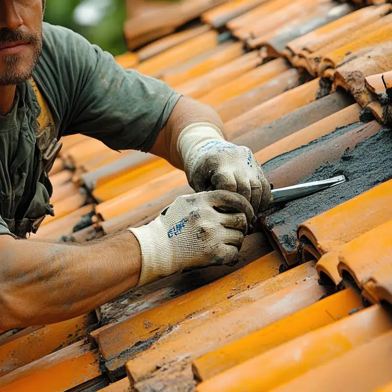 Ouvrier installant de nouvelles tuiles sur un toit en cours de restauration