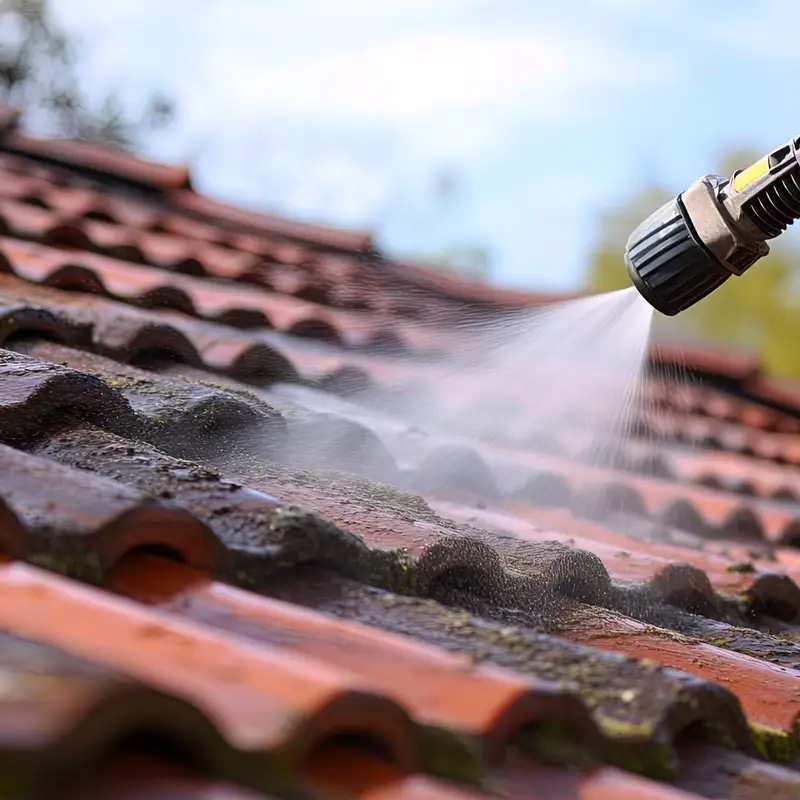 Application d'un traitement fongicide sur une toiture inclinée